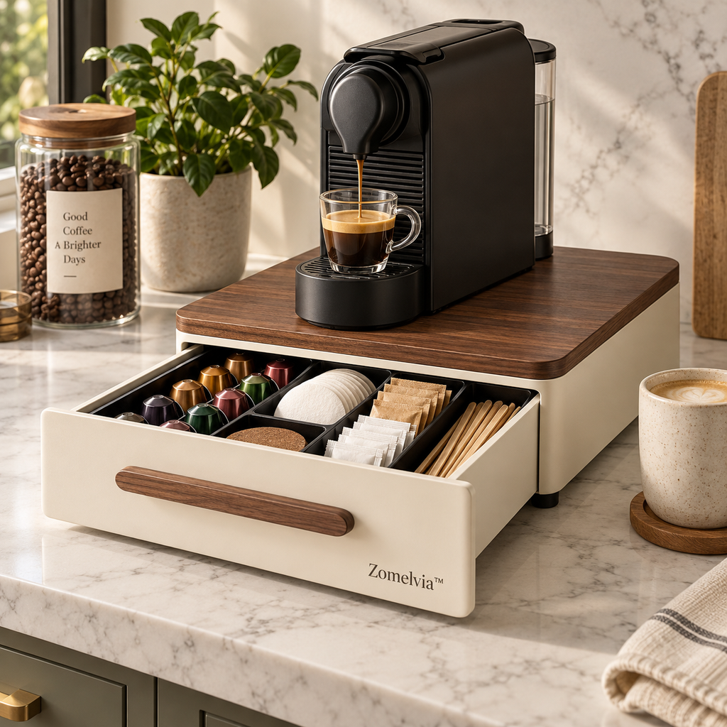 Zomelvia™ Walnut-Top Coffee Station Storage Drawer Organizer