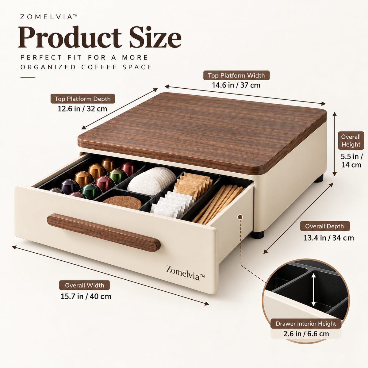 Zomelvia™ Walnut-Top Coffee Station Storage Drawer Organizer
