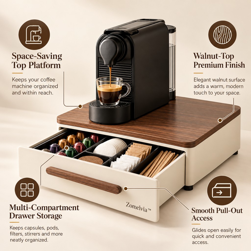 Zomelvia™ Walnut-Top Coffee Station Storage Drawer Organizer