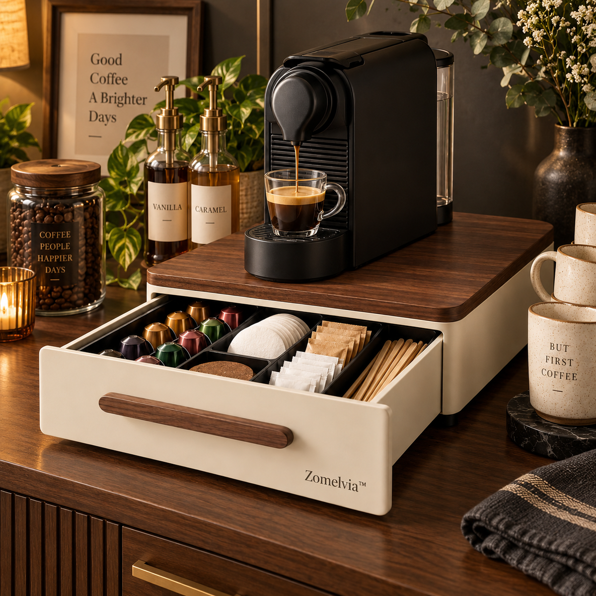 Zomelvia™ Walnut-Top Coffee Station Storage Drawer Organizer