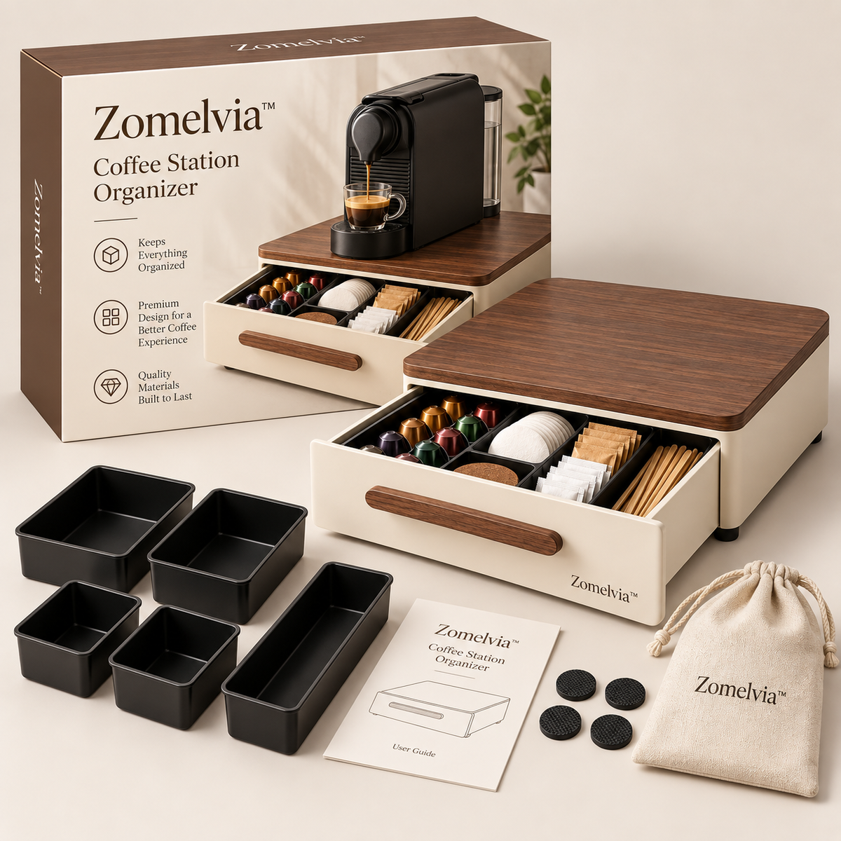 Zomelvia™ Walnut-Top Coffee Station Storage Drawer Organizer