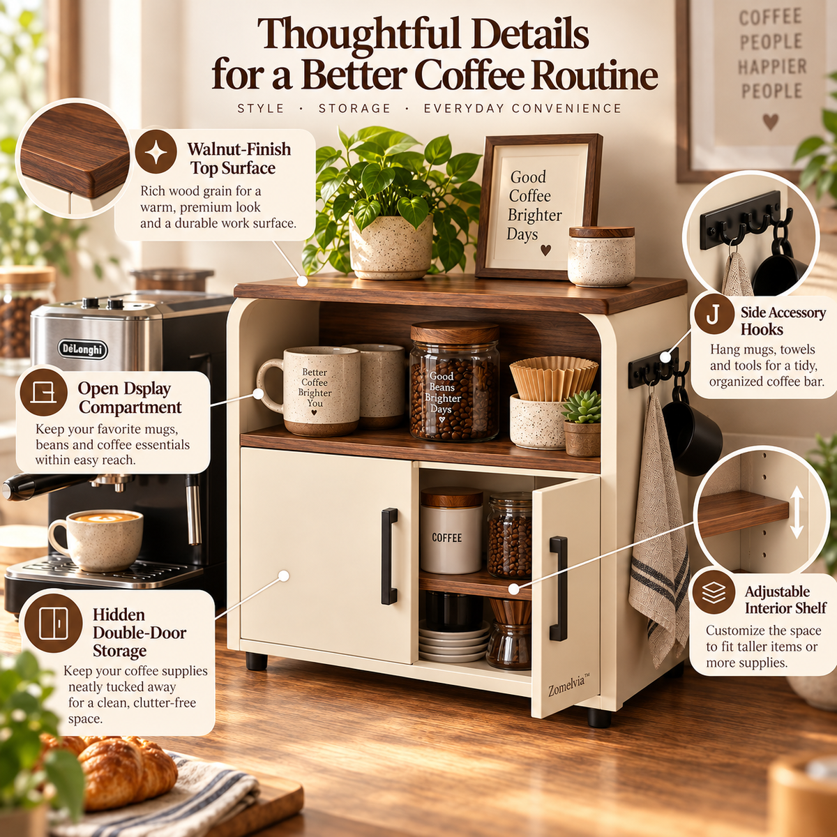 Zomelvia™ Walnut-Accent Coffee Bar Countertop Cabinet