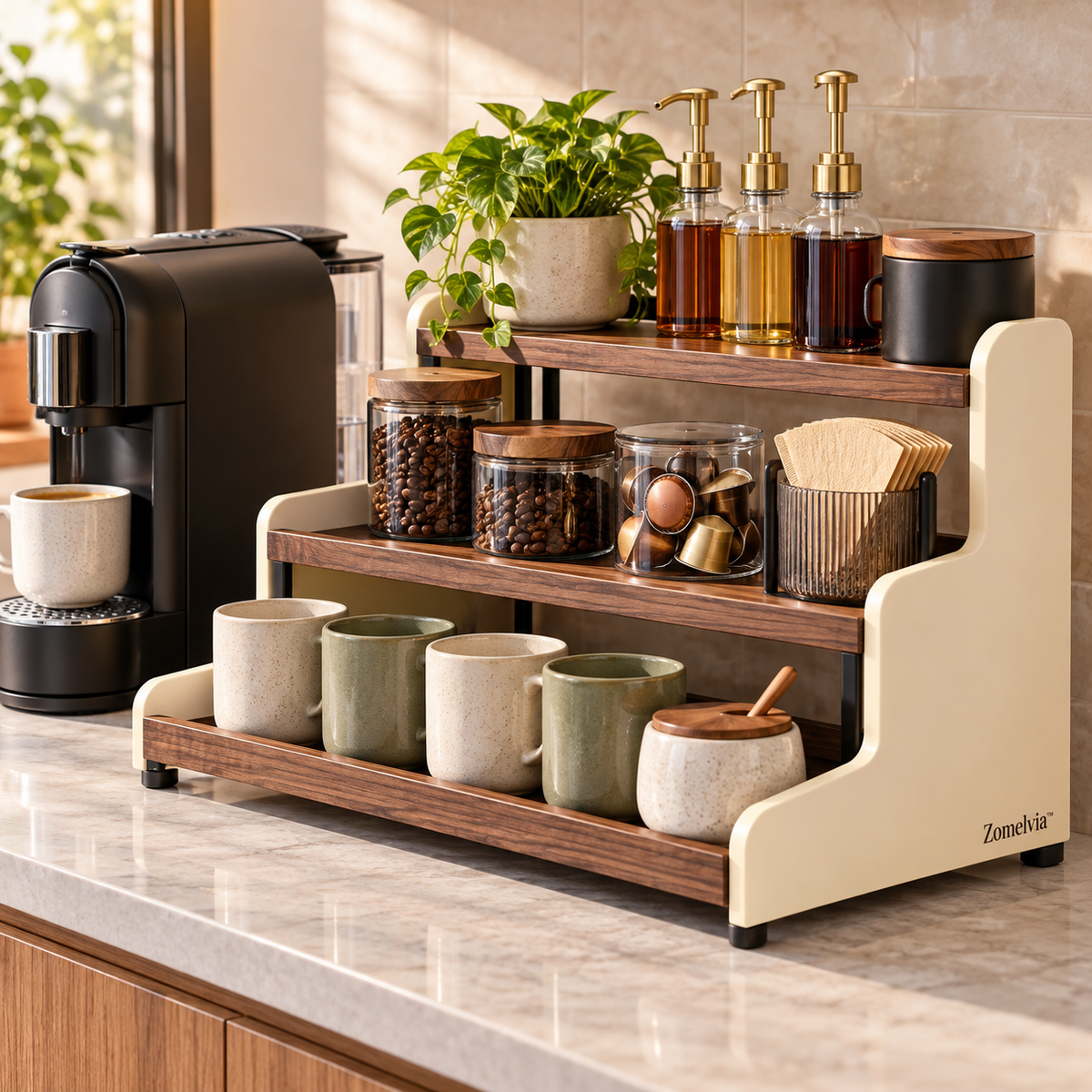 Zomelvia™ 3-Tier Walnut Coffee Bar Countertop Riser