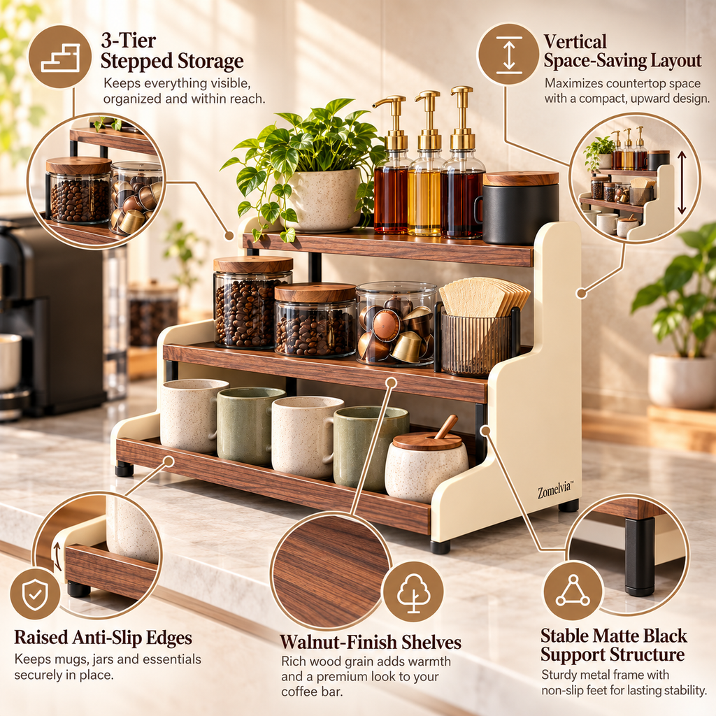 Zomelvia™ 3-Tier Walnut Coffee Bar Countertop Riser