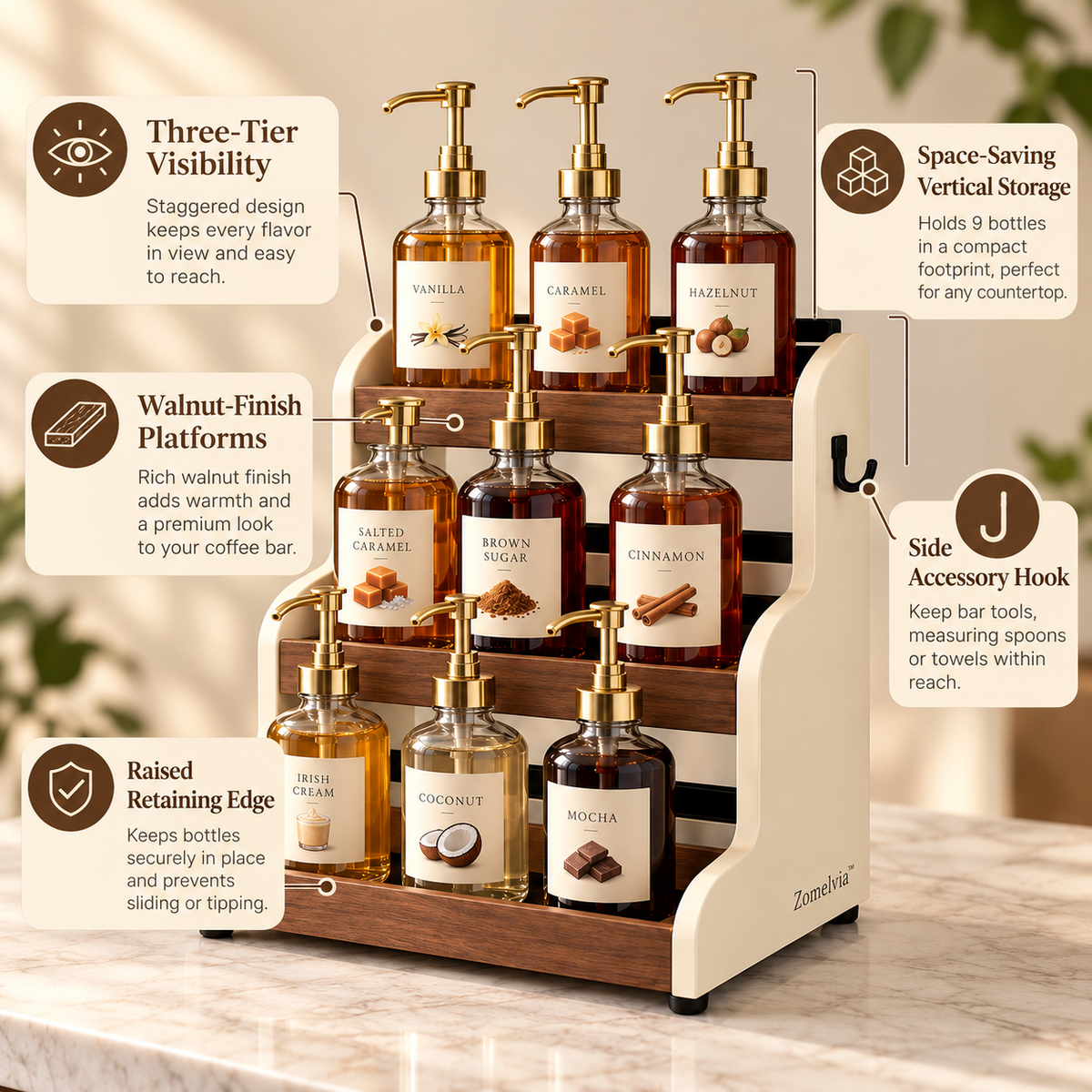 Zomelvia™ Walnut-Accent Coffee Syrup Display Rack  Product Introduction