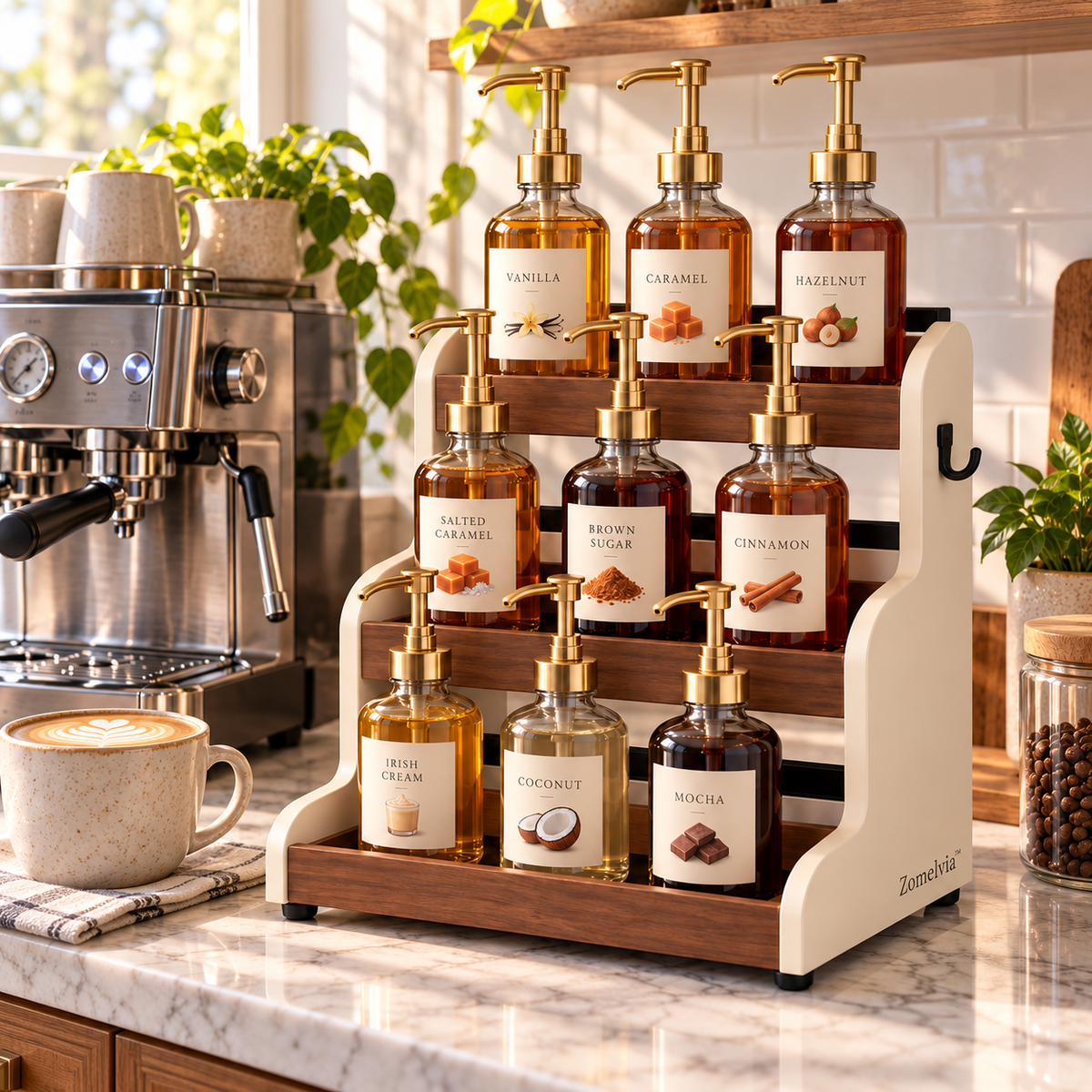 Zomelvia™ Walnut-Accent Coffee Syrup Display Rack  Product Introduction