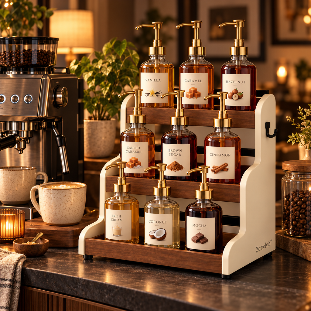 Zomelvia™ Walnut-Accent Coffee Syrup Display Rack  Product Introduction