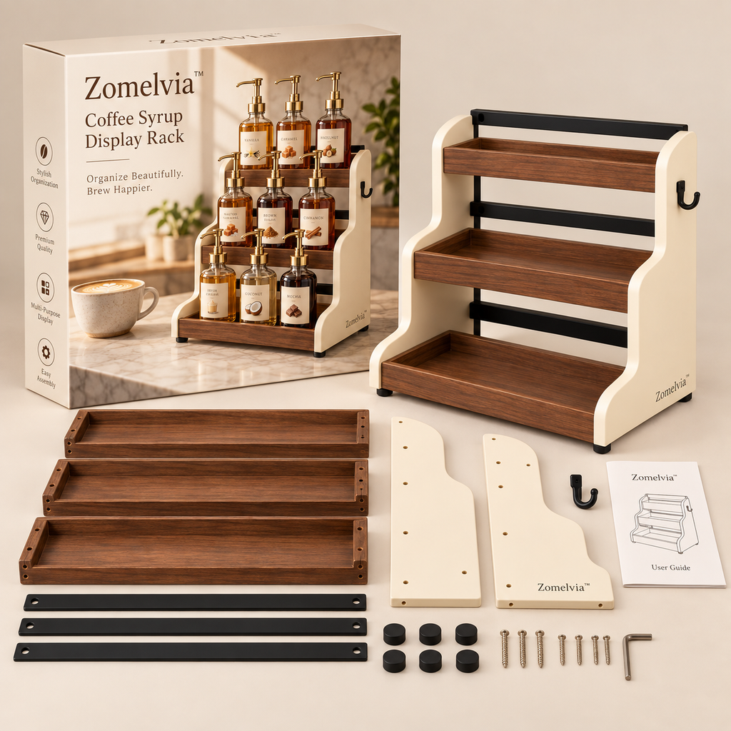 Zomelvia™ Walnut-Accent Coffee Syrup Display Rack  Product Introduction