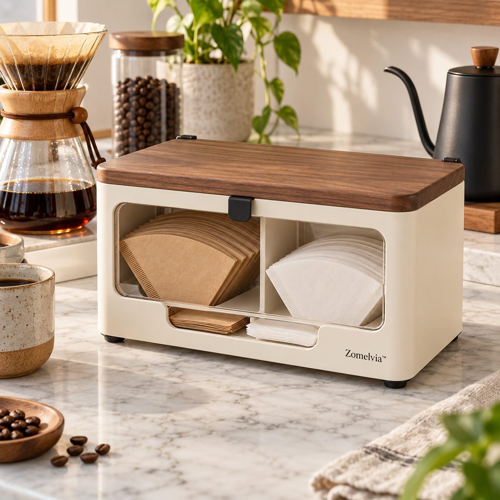 Zomelvia™ Walnut-Accent Coffee Filter Paper Storage Box  Product Introduction