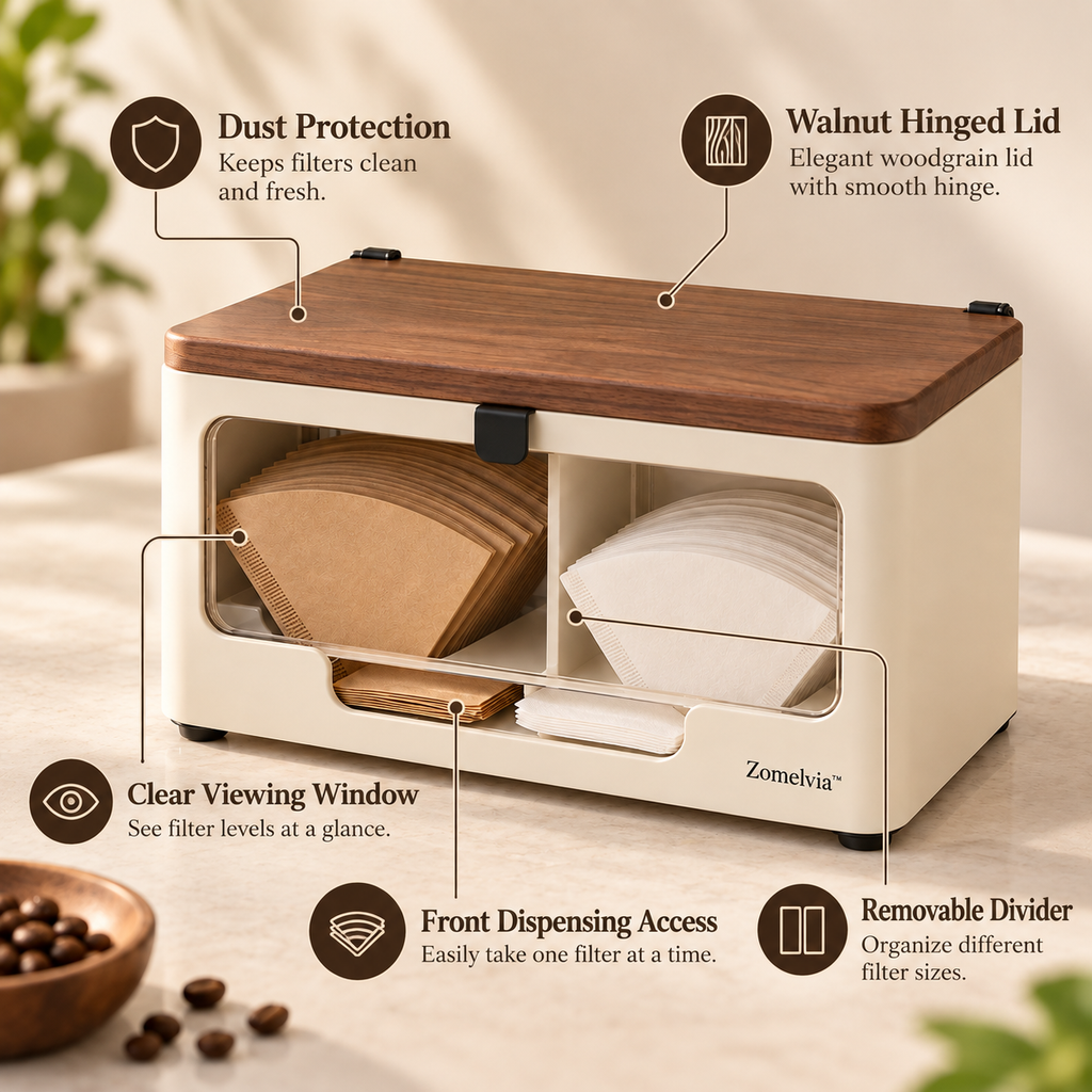 Zomelvia™ Walnut-Accent Coffee Filter Paper Storage Box  Product Introduction