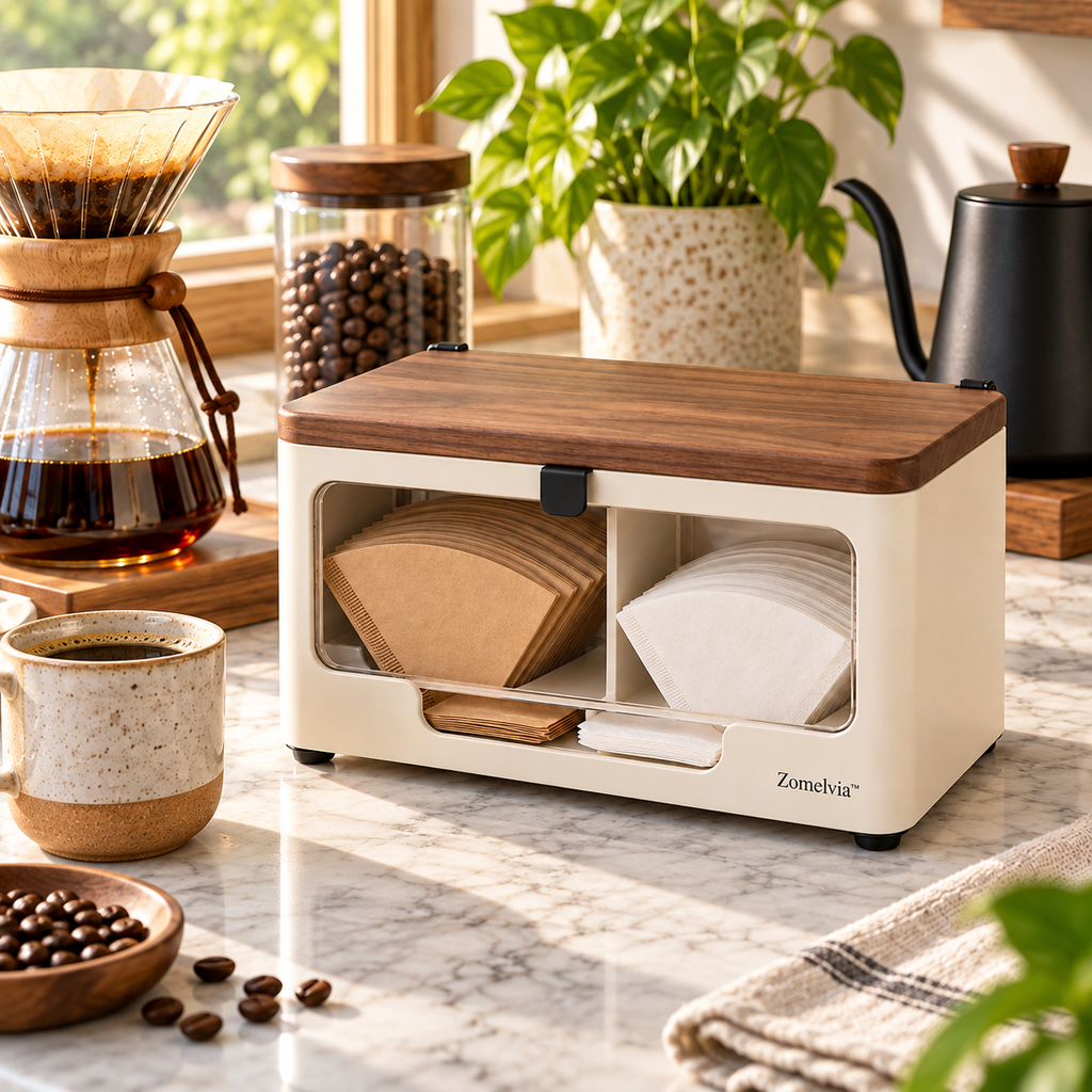 Zomelvia™ Walnut-Accent Coffee Filter Paper Storage Box  Product Introduction