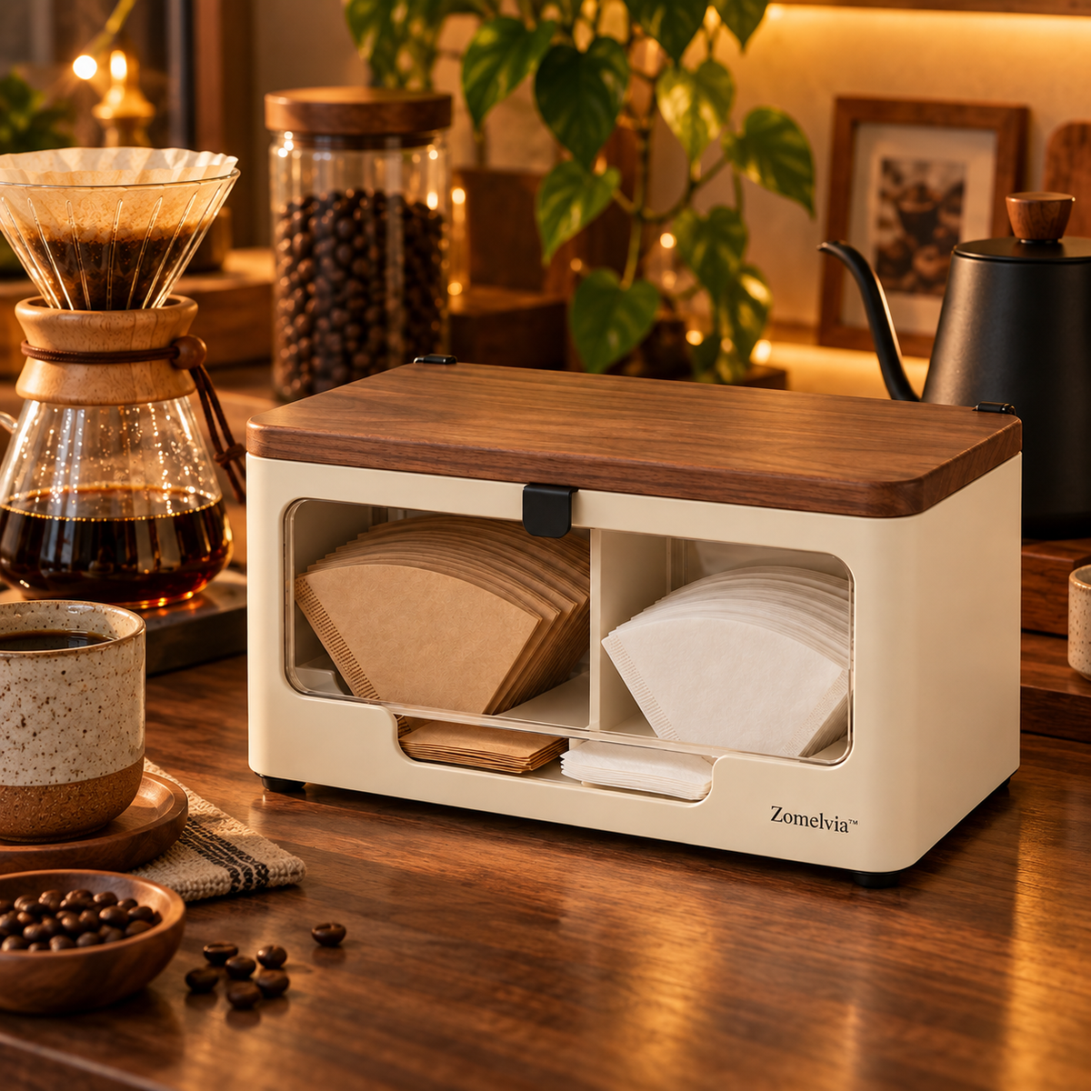 Zomelvia™ Walnut-Accent Coffee Filter Paper Storage Box  Product Introduction