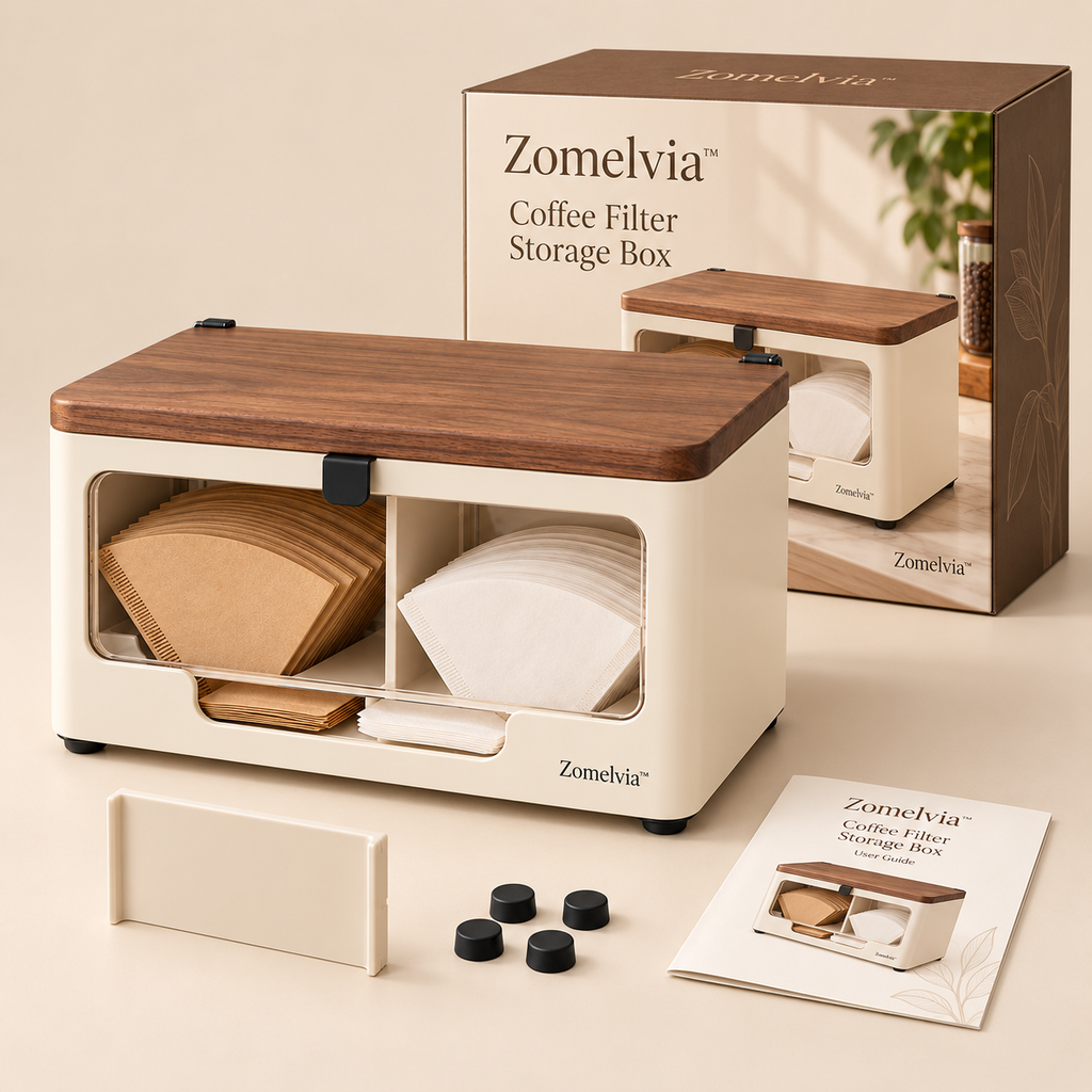 Zomelvia™ Walnut-Accent Coffee Filter Paper Storage Box  Product Introduction