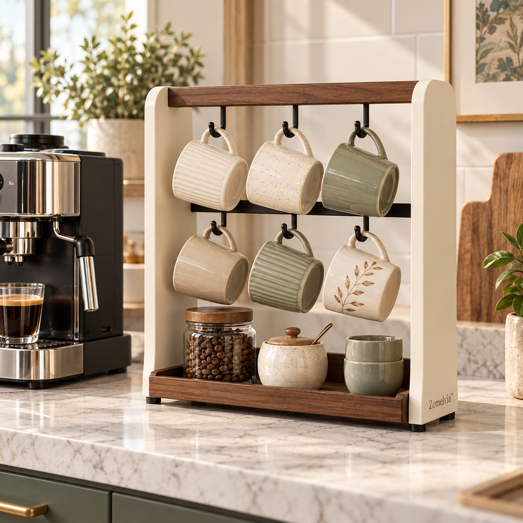 Zomelvia™ Walnut-Accent Coffee Mug Display Rack  Product Introduction
