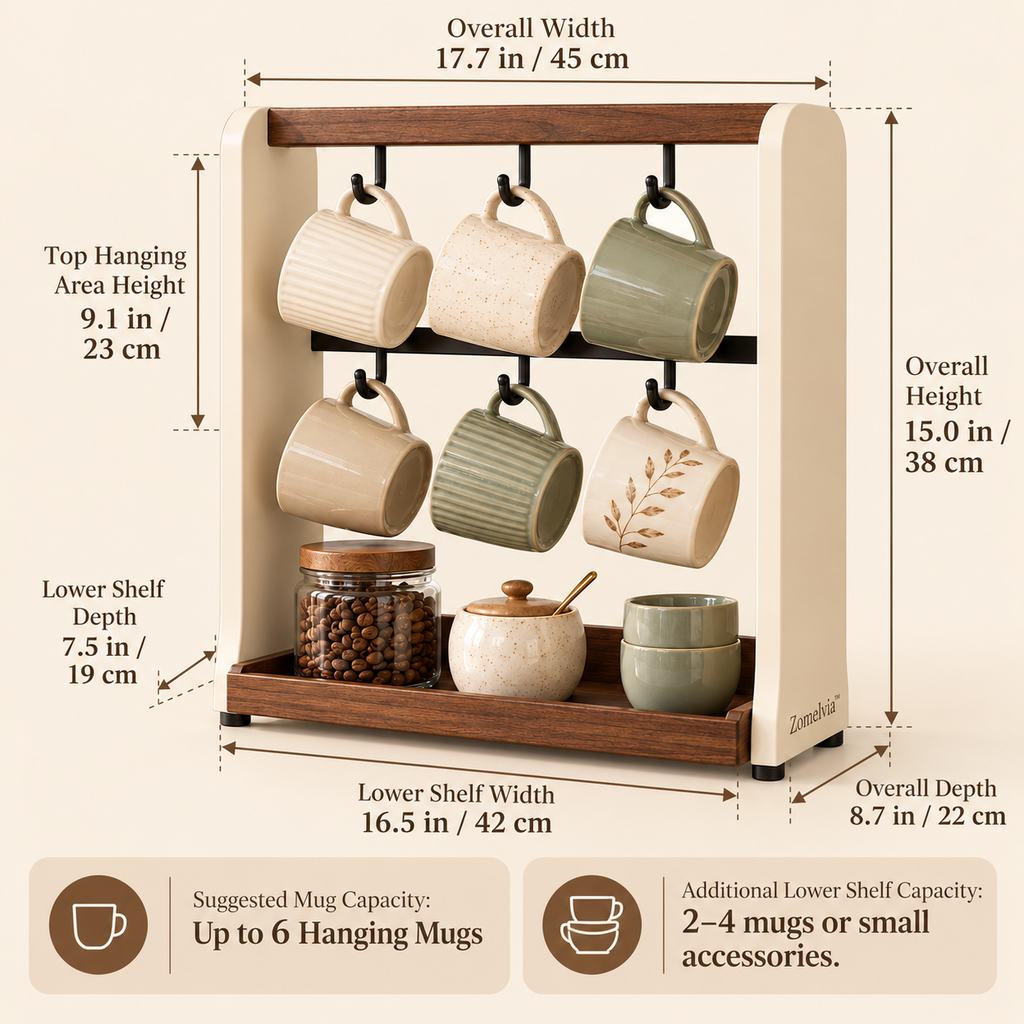 Zomelvia™ Walnut-Accent Coffee Mug Display Rack  Product Introduction