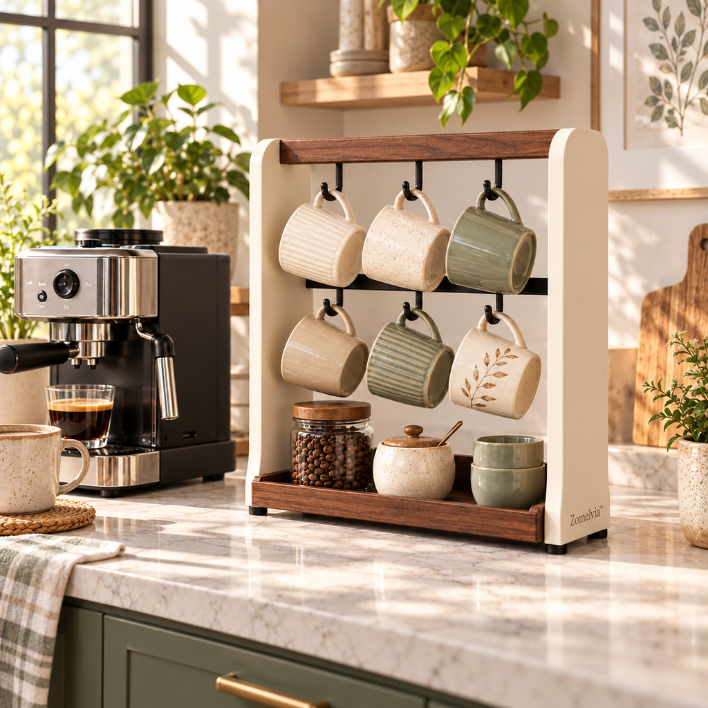Zomelvia™ Walnut-Accent Coffee Mug Display Rack  Product Introduction
