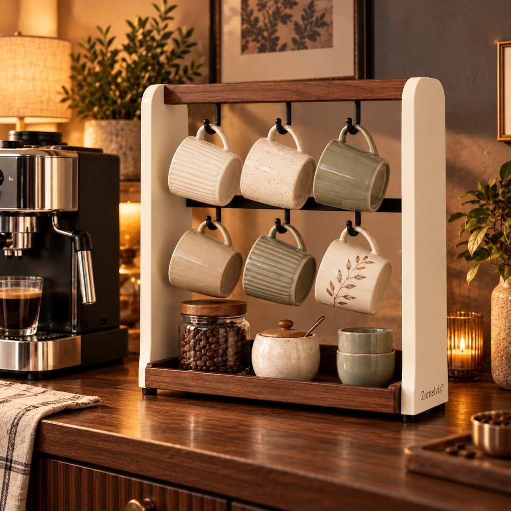 Zomelvia™ Walnut-Accent Coffee Mug Display Rack  Product Introduction
