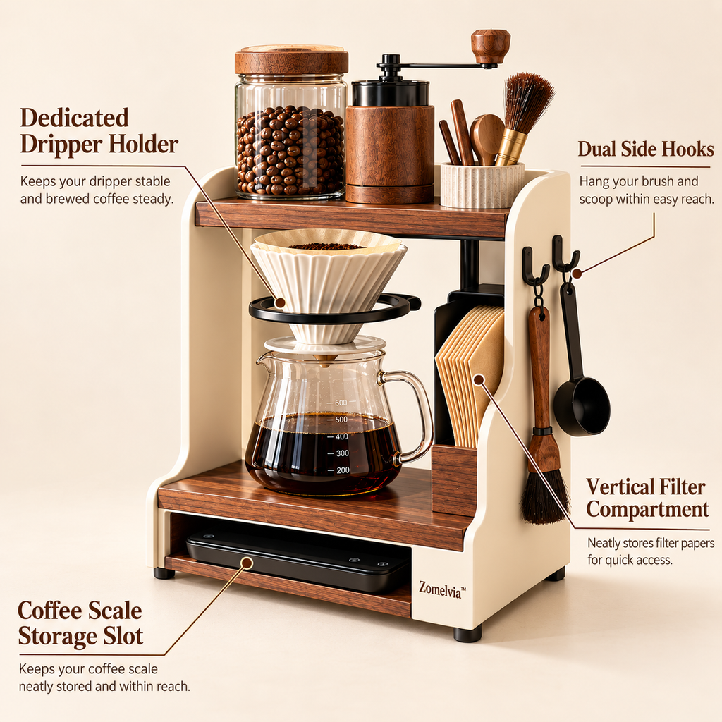 Zomelvia™ Walnut-Accent Pour-Over Coffee Tool Stand