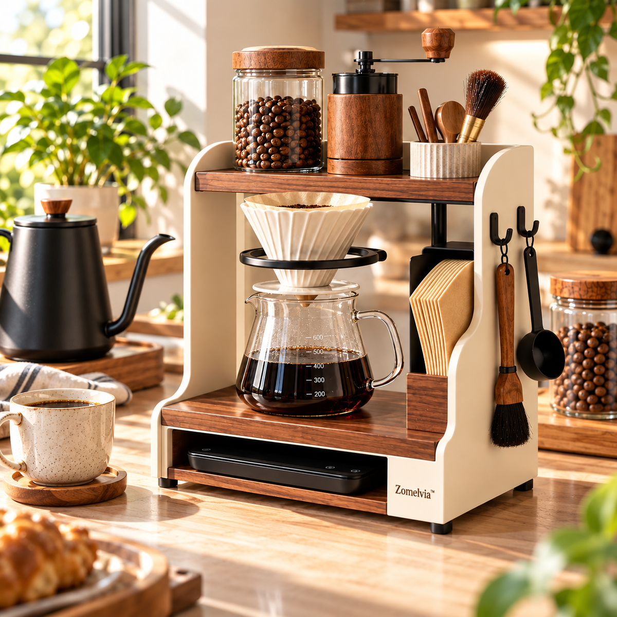 Zomelvia™ Walnut-Accent Pour-Over Coffee Tool Stand