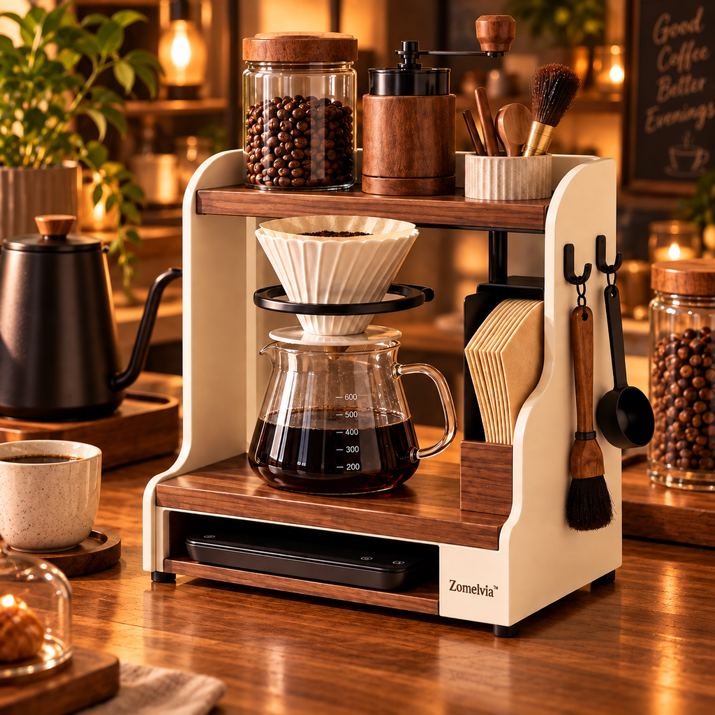 Zomelvia™ Walnut-Accent Pour-Over Coffee Tool Stand