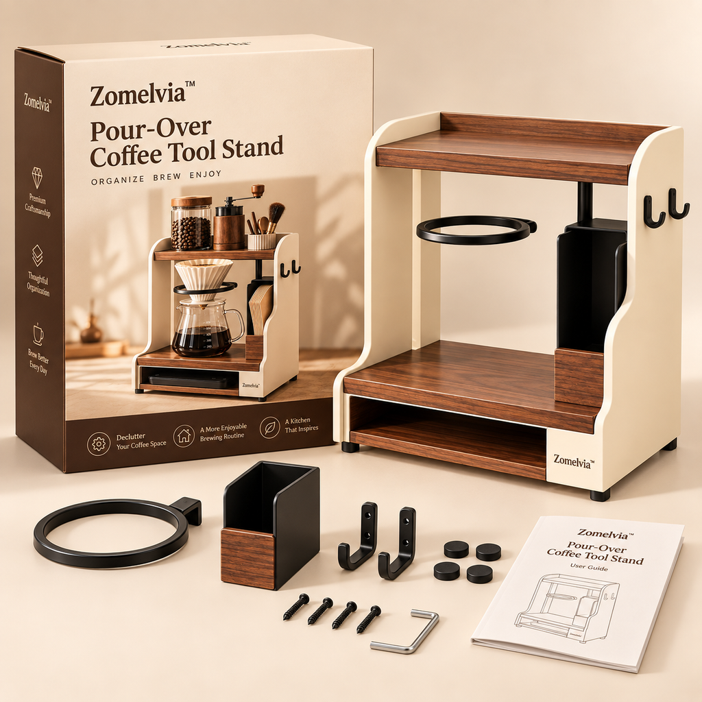 Zomelvia™ Walnut-Accent Pour-Over Coffee Tool Stand