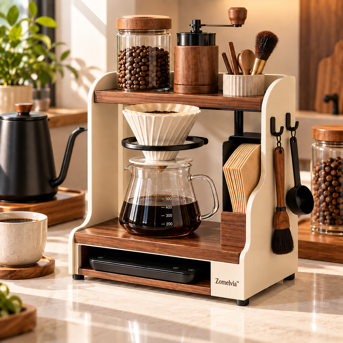 Zomelvia™ Walnut-Accent Pour-Over Coffee Tool Stand
