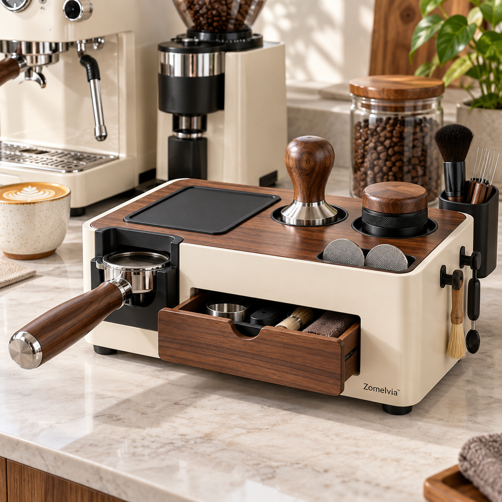 Zomelvia™ Walnut-Accent Espresso Tamping Station Organizer
