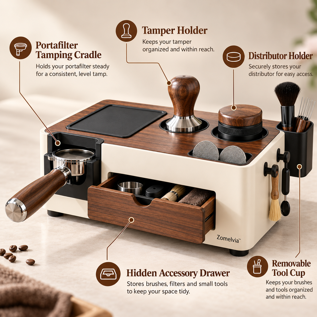 Zomelvia™ Walnut-Accent Espresso Tamping Station Organizer