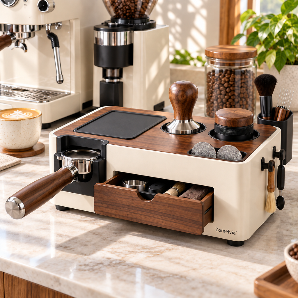 Zomelvia™ Walnut-Accent Espresso Tamping Station Organizer