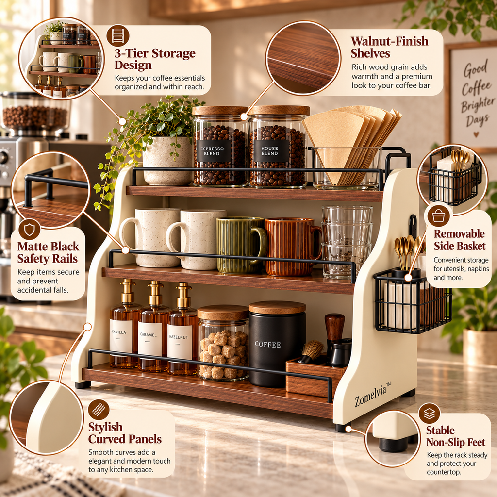 Zomelvia™ Tiered Coffee Bar Countertop Riser Thickened guardrail